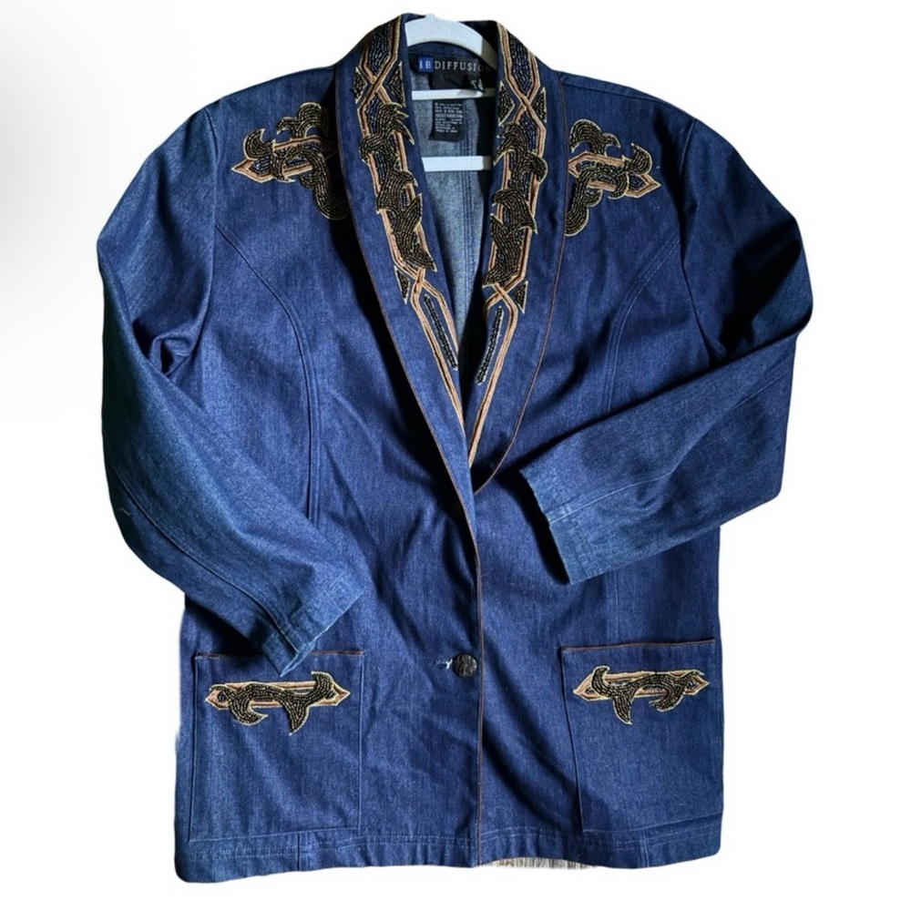 Vintage I.B. Diffusion Denim Blazer – 1992 Embellished Beaded Denim Jacket